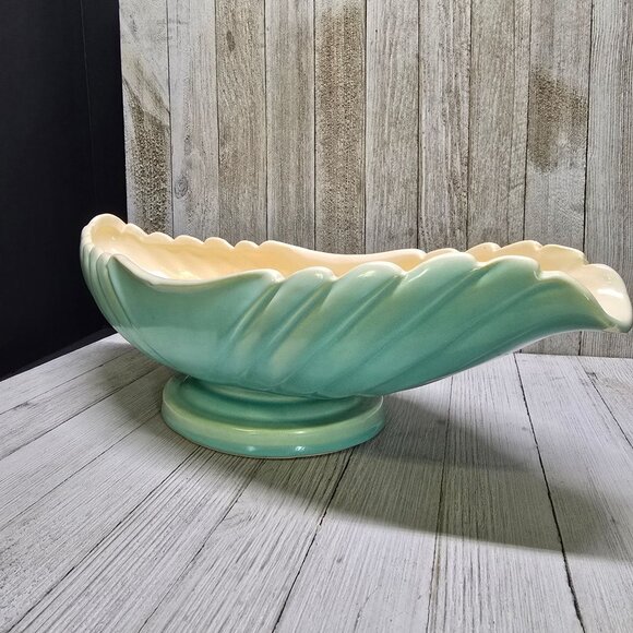 Vtg Weller Pottery Turquoise Blue Footed Bowl Shell Scalloped Design 18" Long - Picture 15 of 16